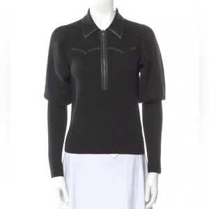 Veronica Beard Merino Wool Black Wester Style Puff Sleeve Sweater Collared Zip S